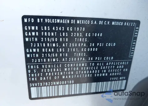 2022 Volkswagen Taos 1.5T Se z USA, uszkodzony, nr VIN 3VVTX7B23NM088189